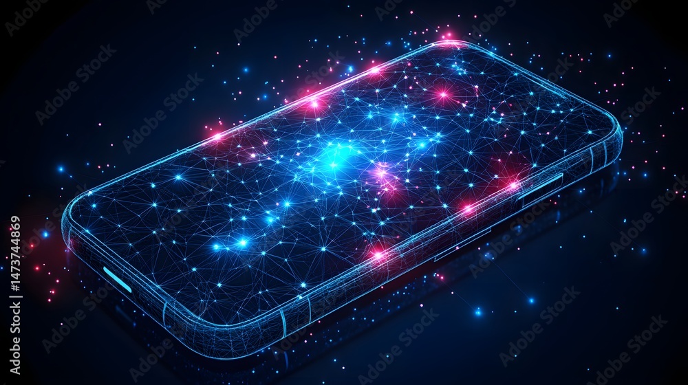 Leinwandbilder futuristic smartphone with glowing neon blue outline and a dynamic network display showcasing connec