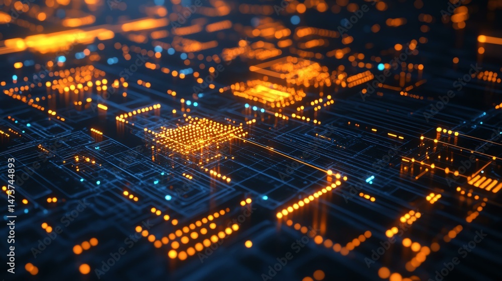Poster a close-up photograph showcases a circuit board densely populated with numerous illuminated lights. 