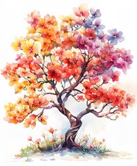 Fototapeta premium A vibrant watercolor painting of a blossoming tree, showcasing a kaleidoscope of colorful flowers. Evokes the beauty of nature, perfect for adding a touch of artistry to your project.