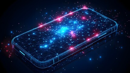 Obraz premium Futuristic smartphone with glowing neon blue outline and a dynamic network display showcasing connectivity and data flow, set against a deep blue background. Abstract wireframe in dark blue.