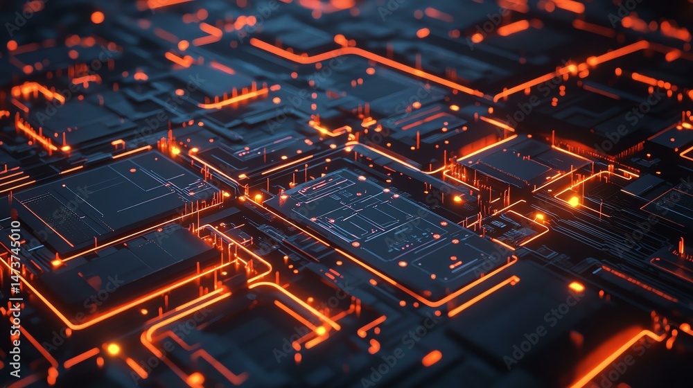 Poster a computer circuit glows with vibrant orange and black illumination. the intricate design pulses wit