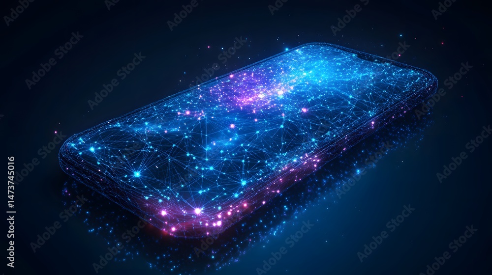 Leinwandbilder futuristic smartphone concept featuring a glowing network. the interconnected blue and pink lights c