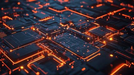 Obraz premium A computer circuit glows with vibrant orange and black illumination. The intricate design pulses with an energetic light.