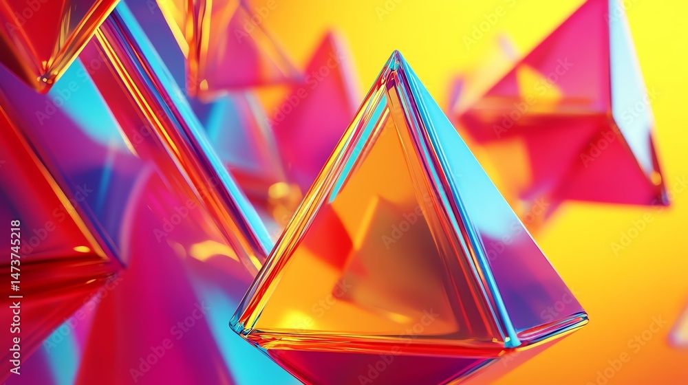 Poster a vibrant arrangement of colorful glass triangles creates a striking visual display. the triangles s