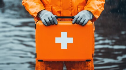 Person in orange protective gear holds a bright orange first aid kit with a white cross near water, suggesting emergency or rescue operations.