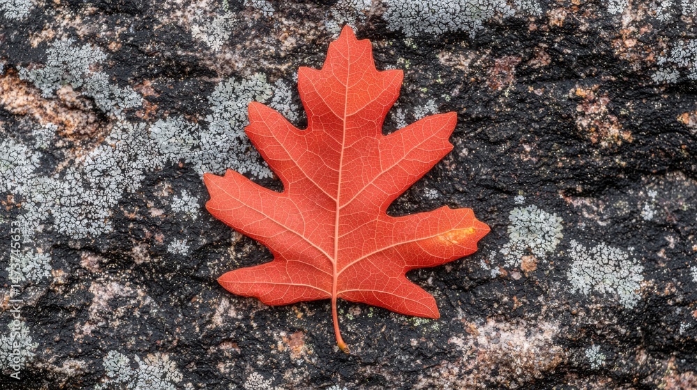Poster a single red maple leaf rests on a dark gray rock surface with patches of white lichen.