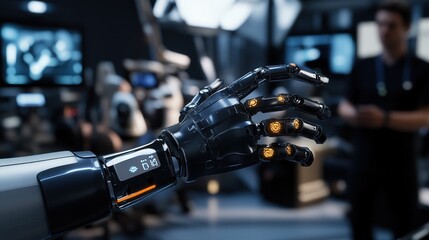 Naklejka premium Futuristic Robotic Hand Gripping, Detailed Cybernetic Prosthetic Device, Advanced Technology and Innovation, Sci-Fi Engineering Close-up.