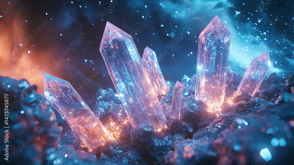 Poster a cluster of shimmering crystals is prominently displayed. the crystals create a visually striking g