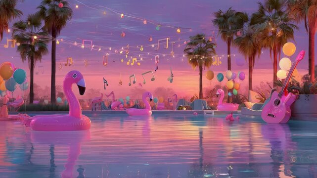 Pool party with neon flamingo floaties, string lights, palm trees, and musical decorations during sunset. Concept of summer celebration and vibrant atmosphere.