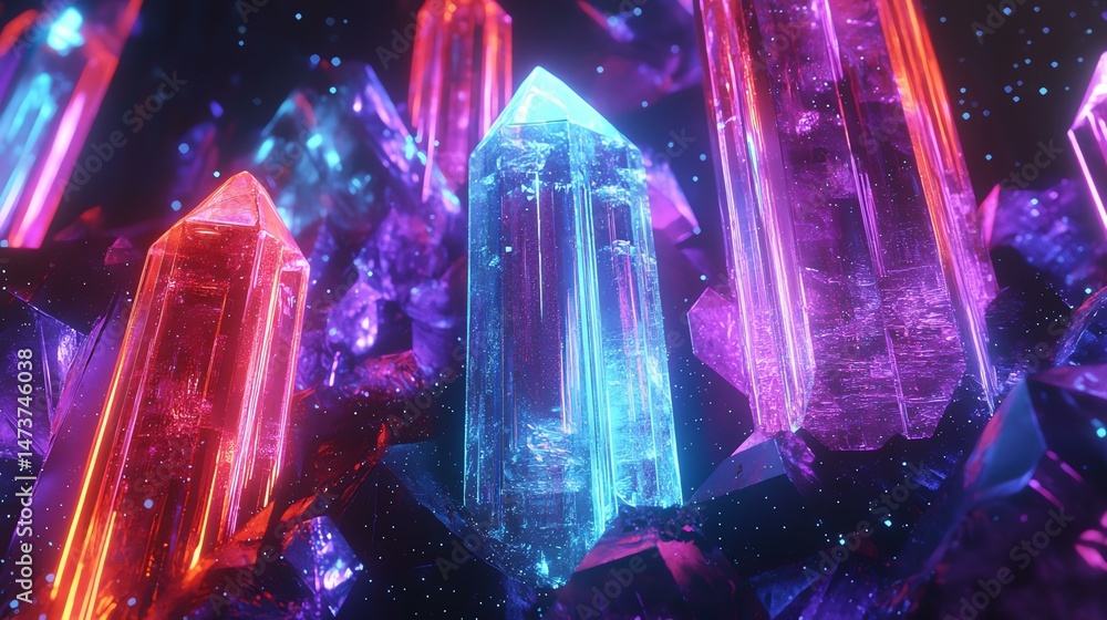 Poster glowing crystals illuminate a group, creating a mesmerizing display of light. the crystals radiate w