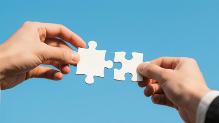 Two hands holding puzzle pieces, symbolizing teamwork, cooperation, business partnership, and collaboration