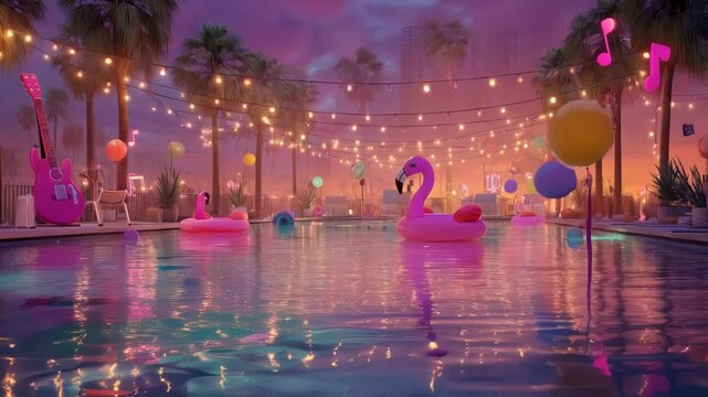 Pool party with neon flamingo floaties, string lights, palm trees, and musical decorations during sunset. Concept of summer celebration and vibrant atmosphere.