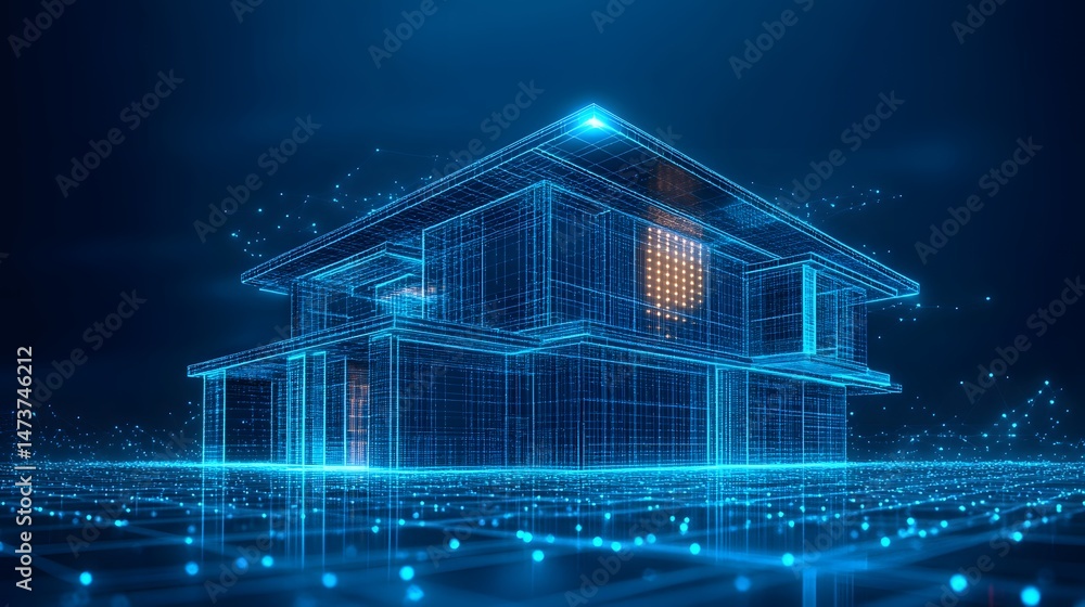 Aufkleber futuristic wireframe house rendered in blue lines against a dark blue gradient. orange grid windows 