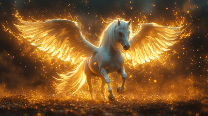 Naklejka premium Pegasus winged legendary horse flying with spread wings on dreamy landscape