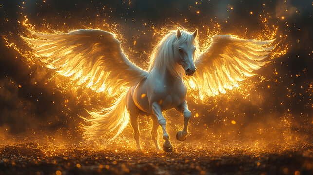 Pegasus winged legendary horse flying with spread wings on dreamy landscape