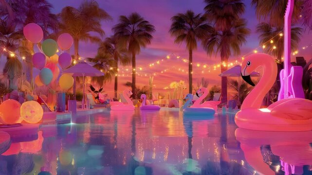 Pool party with neon flamingo floaties, string lights, palm trees, and musical decorations during sunset. Concept of summer celebration and vibrant atmosphere.