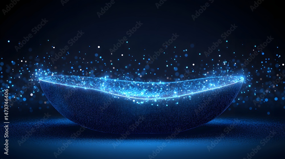 Poster futuristic bowl filled with glowing blue particles. the dark background enhances the ethereal qualit