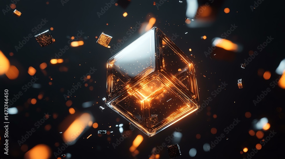 Poster a 3d cube emits a radiant, glowing light. the effect creates a visually striking and dynamic image.
