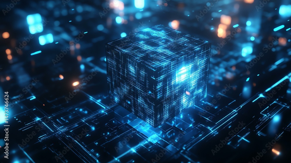 Aufkleber a cube is illuminated by glowing lights in the background. the scene features a cube surrounded by a
