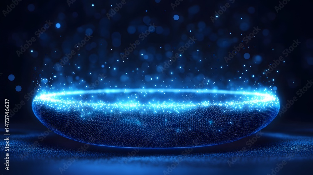 Poster Futuristic glowing bowl emits ethereal blue particles, creating a sense of dynamic energy. The intricate net-like structure adds depth to this mesmerizing scene. Abstract wireframe in dark blue
