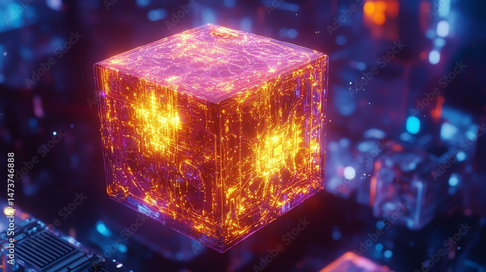 Poster a cube is illuminated by glowing lights, creating a vibrant and eye-catching effect. the cube appear