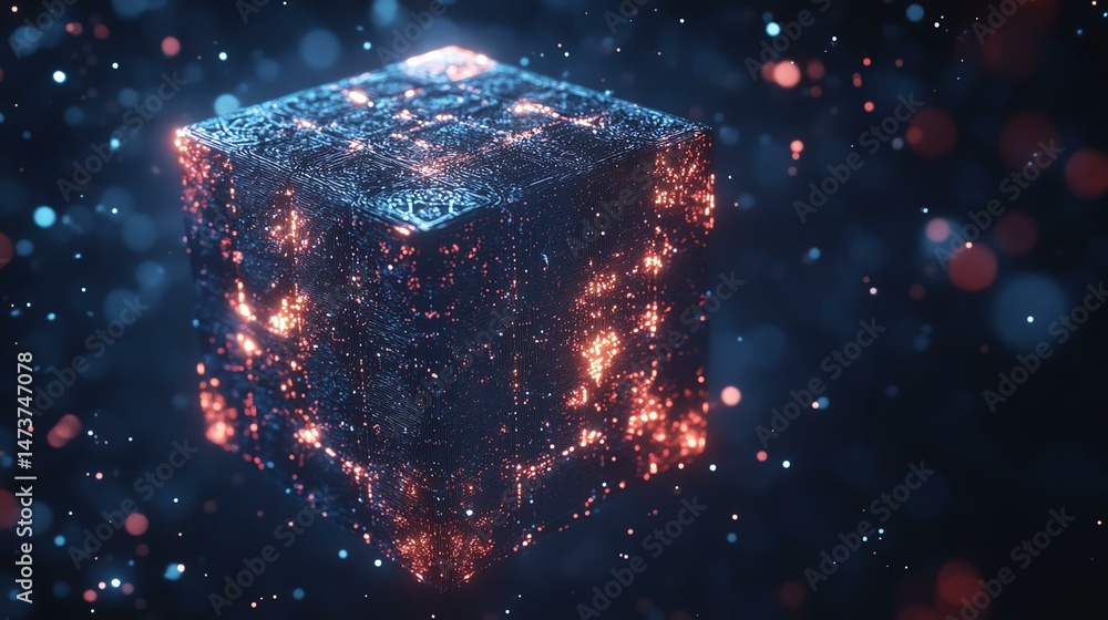 Poster a cube is illuminated with glowing lights.