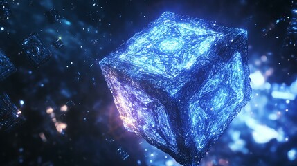 Obraz premium A blue cube emits a bright, glowing light.