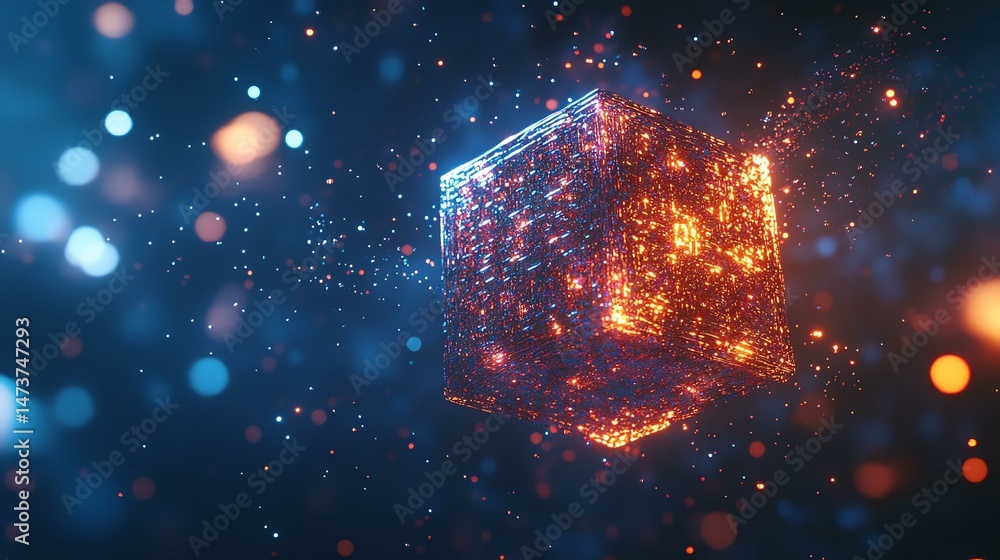 Poster a glowing cube dominates the image, illuminated by vibrant background lights. the cube is the focal 