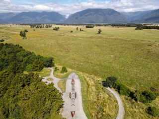 Drone view of Fox Glacier Viewpoint in New Zealand