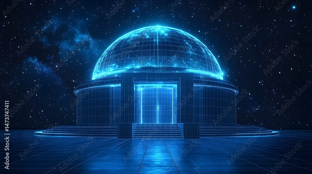 Poster futuristic wireframe structure bathed in blue light under a starry nebula sky. perfect for tech, sci