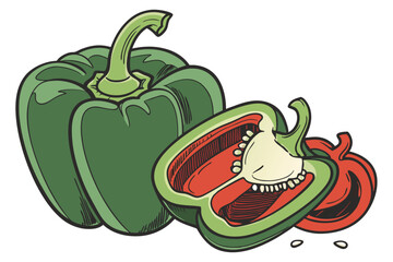 70 green bell pepper, pod pepper, fresh produce, glossy surface, organic, vibrant color, healthy, vegetable, food photography, food styling