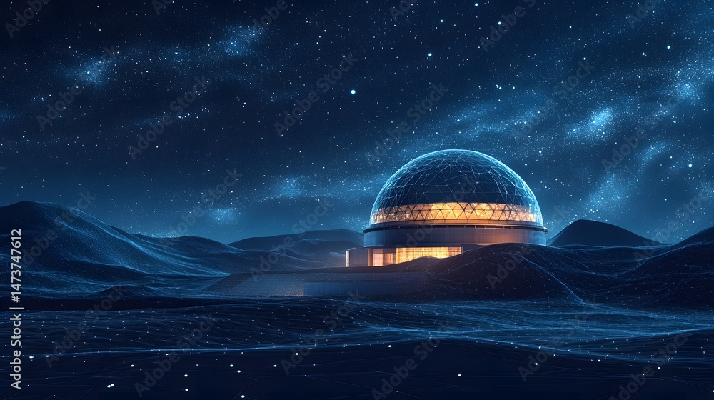 Aufkleber Futuristic observatory under a starlit sky, its illuminated dome a network of lines. Undulating terrain mirrors the cosmic scene. Best microstock opportunity. Abstract wireframe in dark blue.