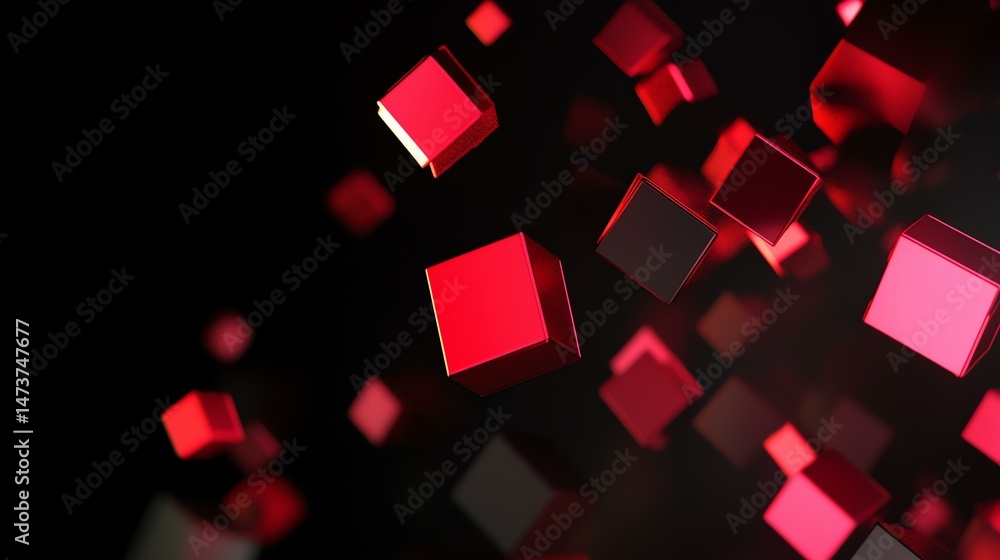 Poster red cubes are suspended in mid-air, creating a visually striking floating arrangement.