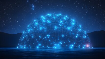 A mesmerizing blue dome, formed by interconnected lines, illuminates a rugged landscape under a starry night. Distant mountains add depth to this surreal scene. Abstract wireframe in dark blue.