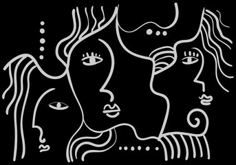 A minimalist abstract line drawing of three human faces in profile, created with flowing, continuous black lines on a white background.
