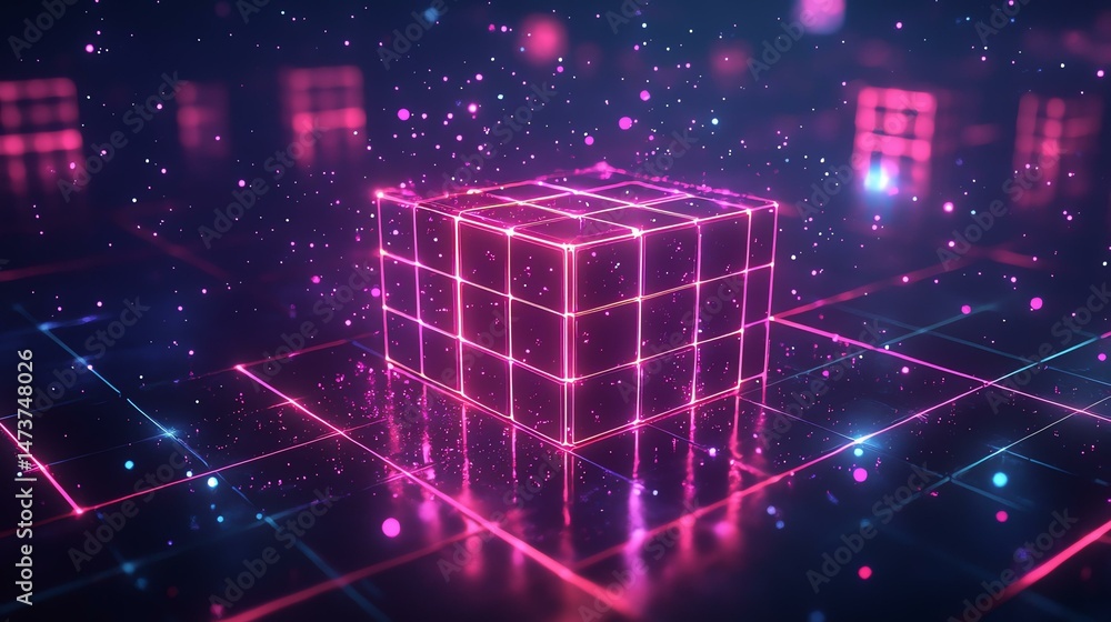 Aufkleber a pink cube emits a glow from its illuminated lights against a dark backdrop. the cube’s lights crea