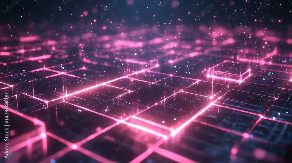 Poster the photo features a pink and black background accented with glowing squares. it creates a vibrant a