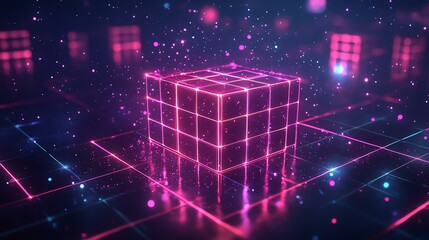 A pink cube emits a glow from its illuminated lights against a dark backdrop. The cube’s lights create a striking visual effect.