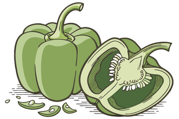 70 green bell pepper, pod pepper, fresh produce, glossy surface, organic, vibrant color, healthy, vegetable, food photography, food styling