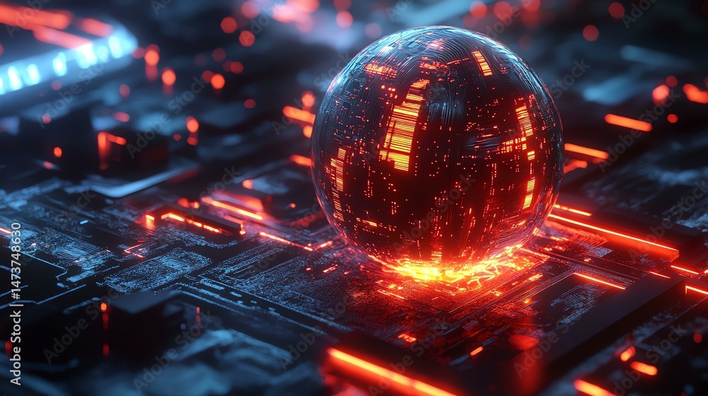 Poster a sphere rests atop a complex circuit board. the image presents a juxtaposition of smooth roundness 
