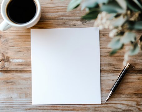 Blank paper, coffee, and pen on a wooden table
