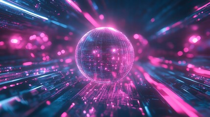 Obraz premium A disco ball hangs centrally against a vibrant purple and blue backdrop, creating a dazzling reflection. The scene evokes the energy and colors of a classic disco night.