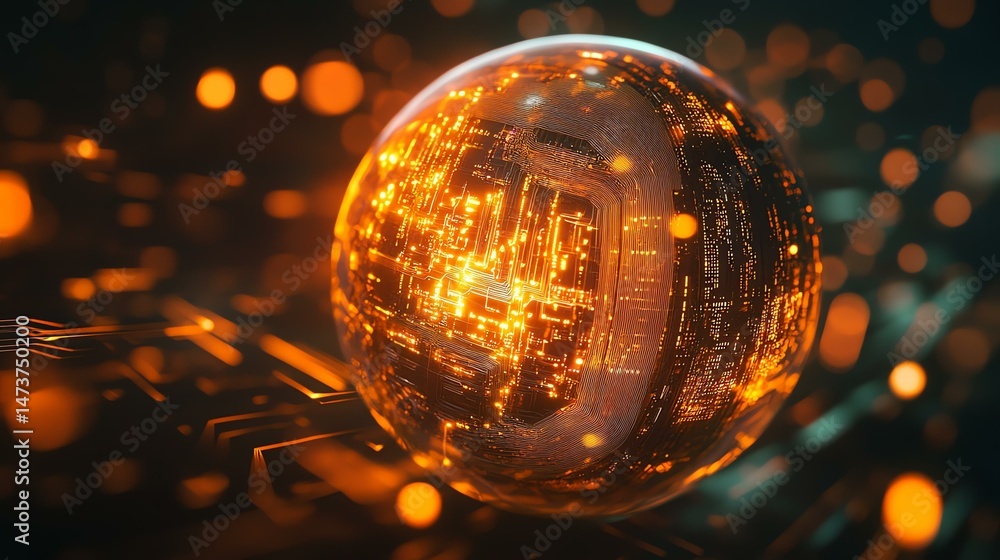 Poster the photo shows a sphere containing a complex circuit board within its interior. it appears to be a 