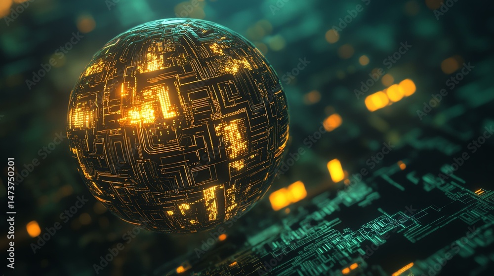 Poster the photo depicts a sphere covered in a circuit board pattern. it’s a visually striking combination 