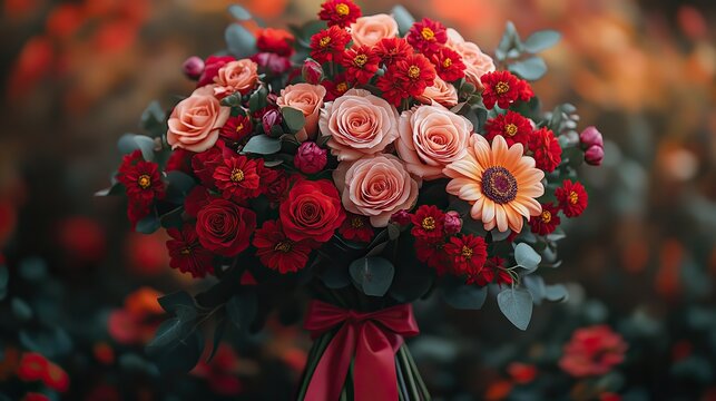 Crimson ribbons are tied around bouquets of flowers, adding a decorative touch to gifts of appreciation, love, or celebration in a gesture of thoughtfulness