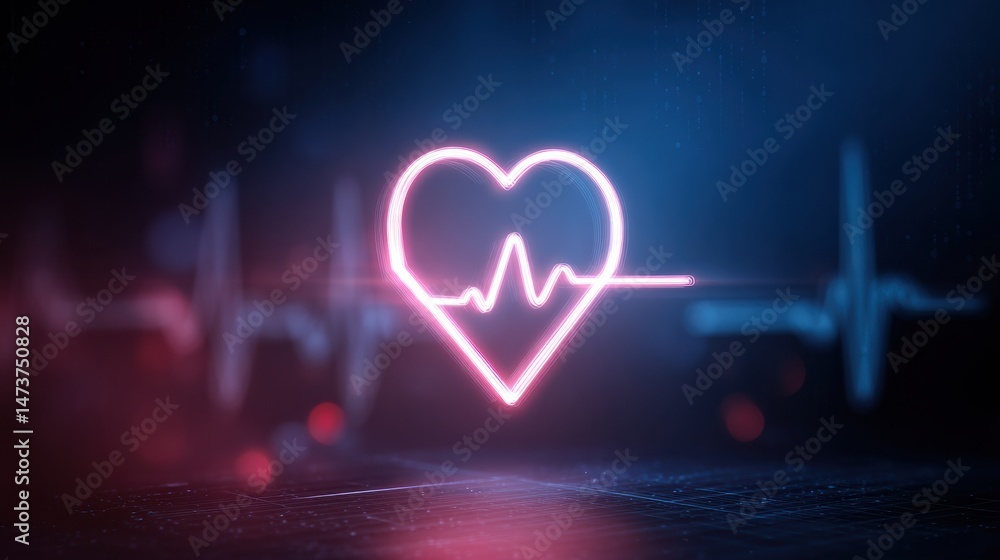 Poster clean heart icon symbolizes health and vitality against a dynamic digital background of vibrant colo