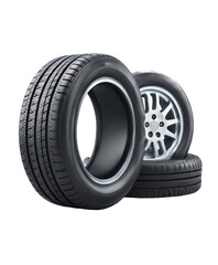 Obraz premium Set of new black car tires with deep tread and silver alloy rims arranged on a seamless white background with soft shadows. Concept of automotive maintenance and vehicle safety