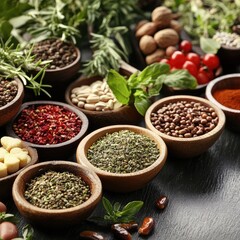 Variety of spices and herbs in small wooden bowls