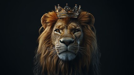 Fototapeta premium A majestic lion proudly wears a golden crown. The regal image depicts a lion in a symbolic royal headpiece.