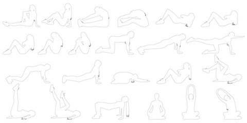 Set of contours showing woman practicing different stretching and fitness, yoga and pilates exercises. Vector illustration